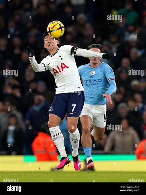 Tottenham Hotspur S Son Heung Min Left And Manchester City S Jack Grealish Battle For The Ball