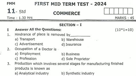 11th Commerce First Midterm Exam Original Question Paper 2024 Youtube