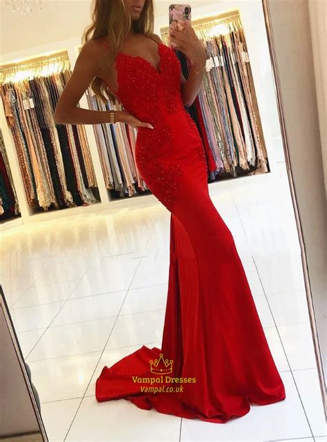 Red Mermaid Spaghetti Strap V Neck Lace Applique Backless Prom Dresses