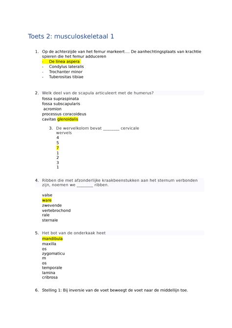 Toets 2 Anatomie Met Antwoorden Toets 2 Musculoskeletaal 1 Op De