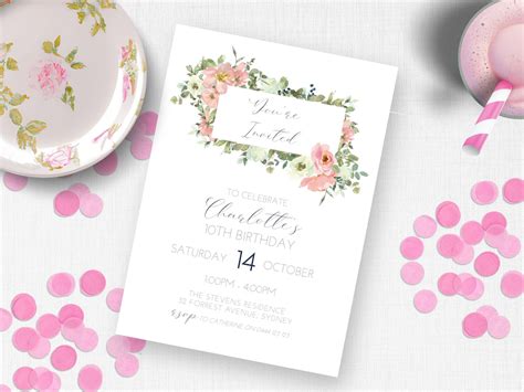 Watercolor Floral 10th Birthday Invitation Instant Download Girls Tenth