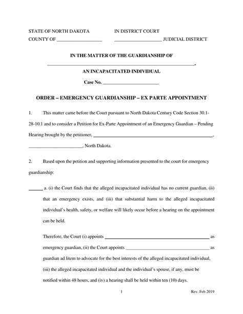 North Dakota Order Emergency Guardianship Ex Parte Appointment