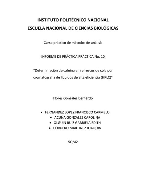 Hplc Reporte Practica Instituto Polit Nacional Escuela Nacional