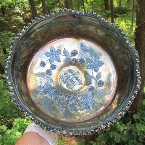 Antique Fenton Butterfly And Berry Blue Carnival Glass Master Berry Bowl Carnival Glass