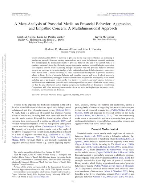 A Meta Analysis Of Prosocial Media On Prosocial Behavior Aggression