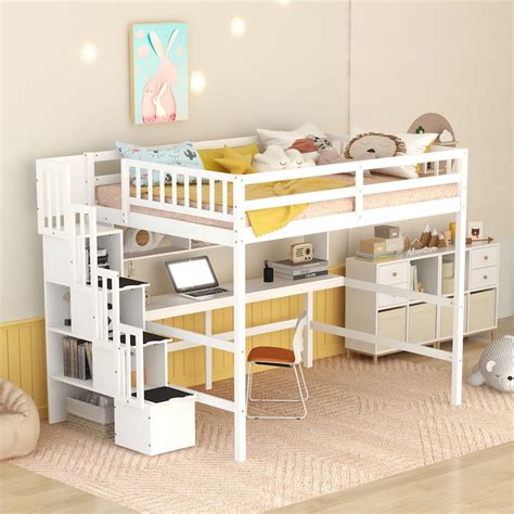 Full Size Loft Bed With Built In Desk Bookshelves And Storage Staircase On Sale Bed Bath