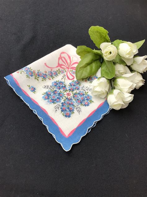 Vintage Blue Floral Handkerchief With Pink Ribbons Etsy Pink Ribbon