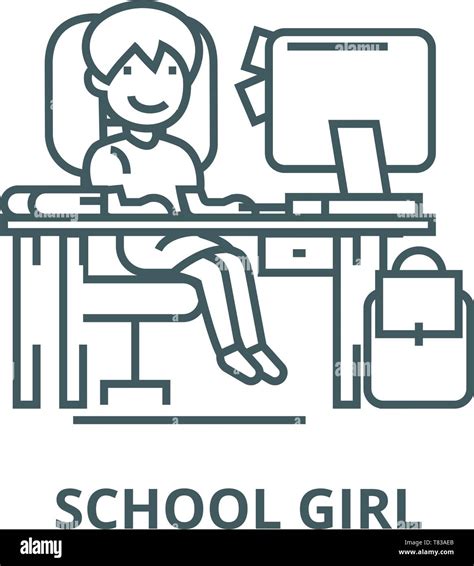 School girl on the table with computer, vector line icon, linear ...