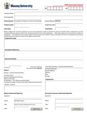 Fillable Online Massey Ac FRST Associate Contract Massey University