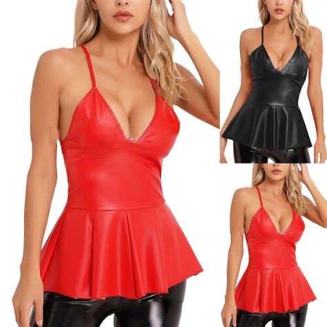 Robe Courte Sexy Femme En Cuir PU Rouge Look Humide Sans Manches Club