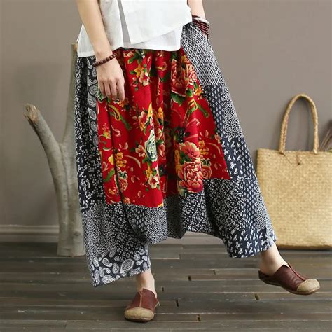 Origoods Flower Print Elastic Waist Women Cross Pants Chinese Style