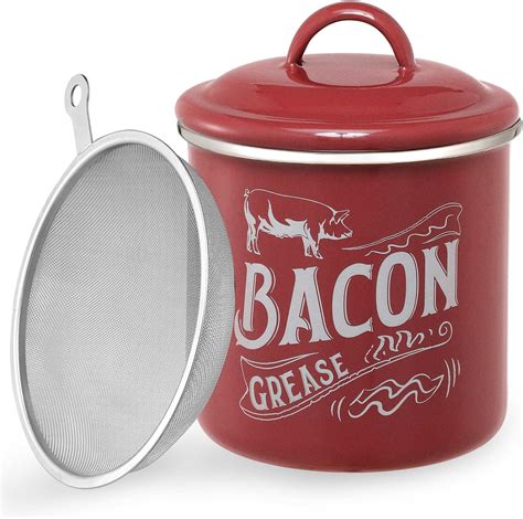 1 3L Bacon Grease Saver Container With Fine Strainer Red Enamel