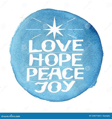 Hand Lettering Love Hope Peace Joy On Blue Watercolor Background