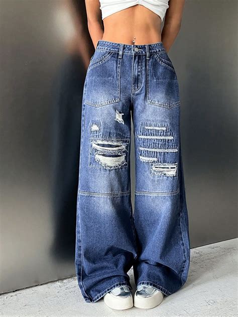 Ripped Wide Leg Jeans In 2024 Clothes Women Denim Jeans Denim Women