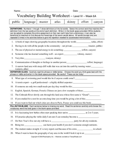 Fillable Online Vocabulary Building Worksheetlevel Ivweek 6a Fax Email