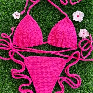 Beaded Crochet String Bikini Set In Hot Pink Etsy