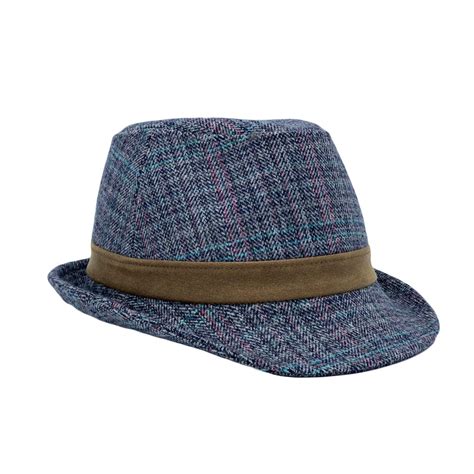 Herringbone Check Pattern Fedora Hat Wool Classic Trilby Short Brim