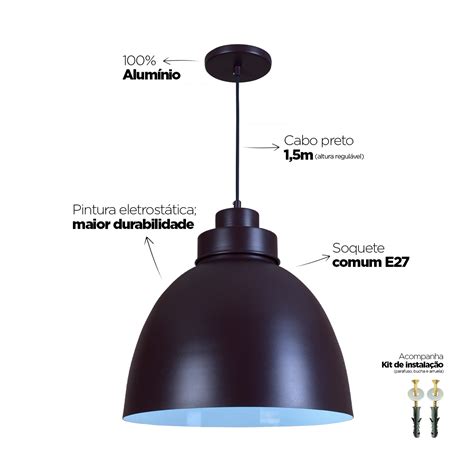 Pendente Industrial 40cm Luminária Lustre Alumínio Marrom Tabaco