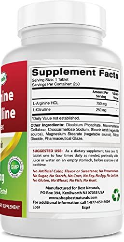 Best Naturals L Arginine L Citrulline Complex 1000 Mg 250 Tablets 250