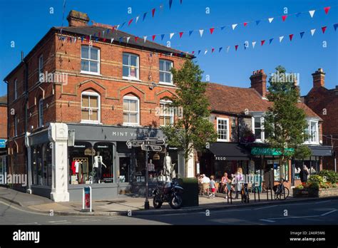 Marlow High Street In Buckinghamshire With Shops Cafes And Bunting