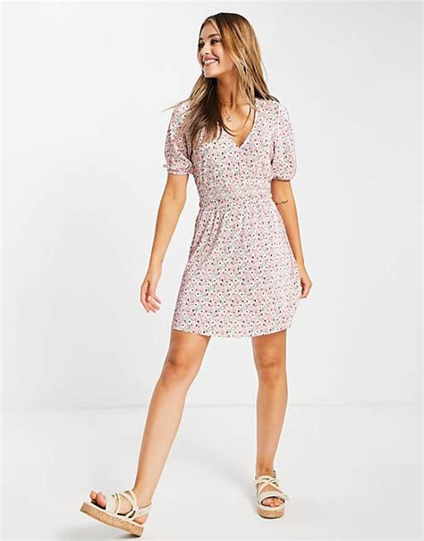 Asos Design Shirred Waist Mini Plisse Dress In Pink Ditsy Floral Asos