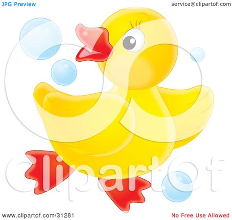 Clipart Illustration Of A Playful Yellow Rubber Ducky Dancing In Blue