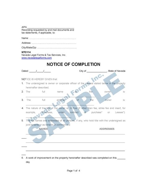 NOTICE OF COMPLETION Nevada Legal Forms Services