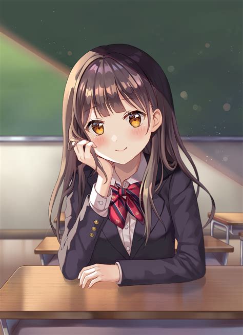 Safebooru 1girl Bangs Black Jacket Blazer Blunt Bangs Blush Bow Bowtie Brown Hair Chalkboard