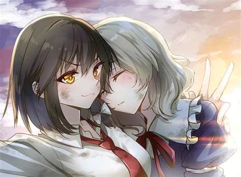 Safebooru Girls Bangs Black Hair Blonde Hair Blush Closed Eyes