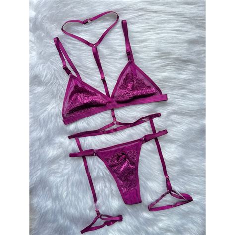Kit Lingerie Sexy Conjunto Sem Bojo Em Tule Transparência Calcinha Regulável Cinta Liga