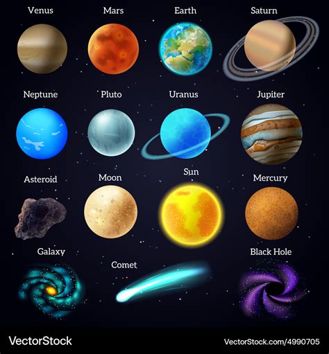 Cosmos stars planets galaxy icons set Royalty Free Vector