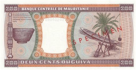 Banknote Mauritania Ouguiya Canoe Palm Tree Specimen