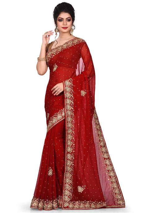 Hand Embroidered Viscose Georgette Saree In Maroon SEH2306