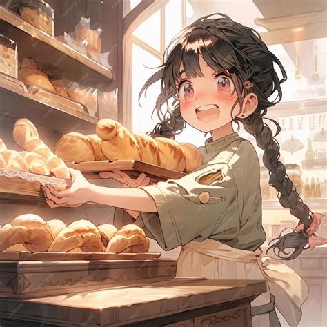 Premium Ai Image Anime Girl In A Bakery With Bread And Buns In A