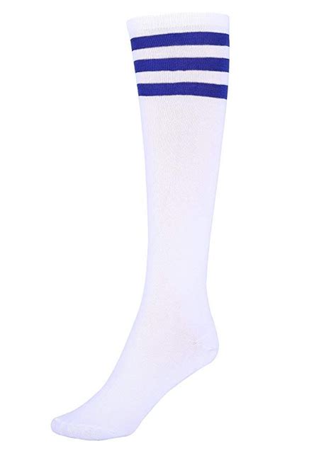 Mystylees Womens White Knee High Striped Socks With Three Blue Stripes