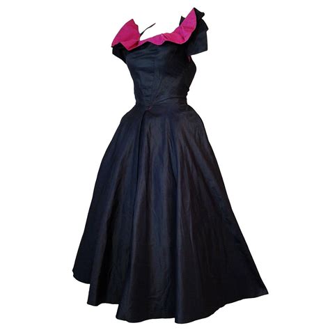 1950s Navy And Fuchsia Taffeta And Faille Dress W Crinoline For Sale