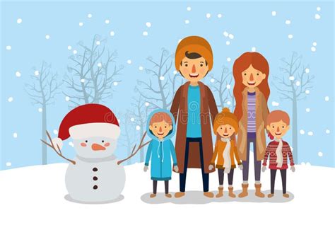 Familia Del Muñeco De Nieve Que Celebra La Navidad Stock de ilustración