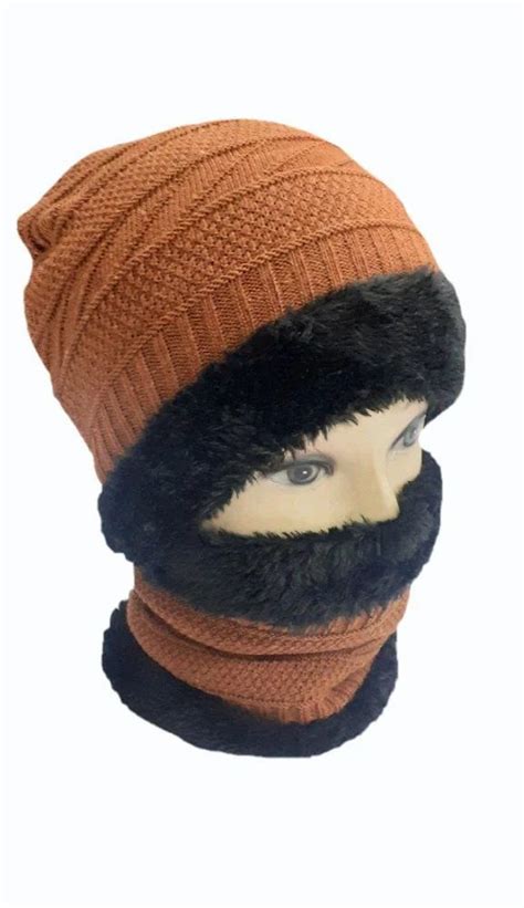 Knitted Men Brown Woolen Neck Cap Set Winter Wear Size Large At Rs