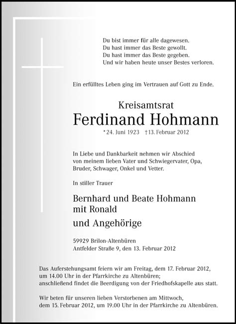 Traueranzeigen Von Ferdinand Hohmann Trauer In Nrw De