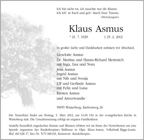 Trauer Und Todesanzeigen Von Klaus Asmus Trauer De