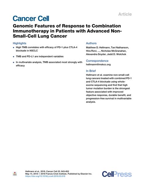 PDF Genomic Features Of Response To Combination Immunotherapy In