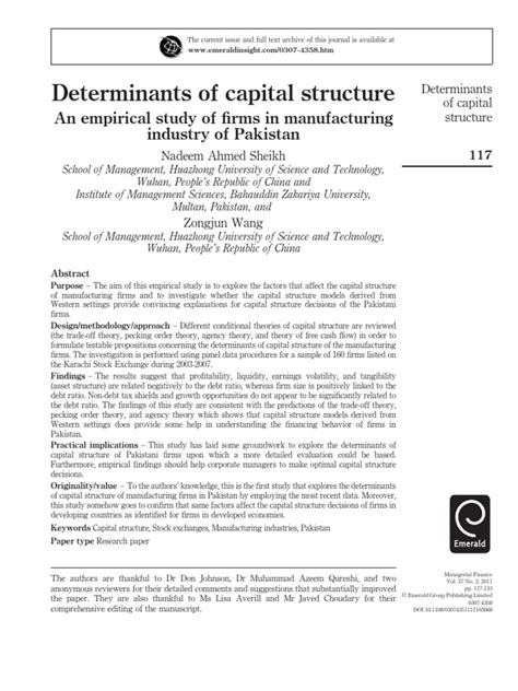 Pdf Determinants Of Capital Structure Of Manufacturing Irms Dokumen