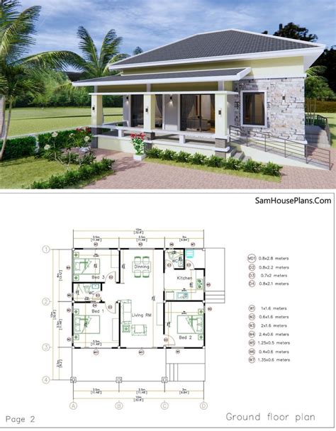 33x33 Feet House Plans 10x10 Meter 3 Bedrooms 2 Bath Hip Roof PDF A4