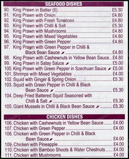 Menu at Sea Shell, London, 15 Salisbury Road