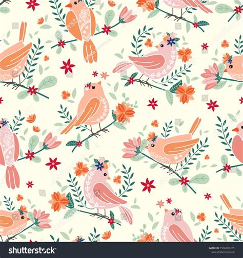 Seamless Pattern With Birds And Flowers White Background Vector