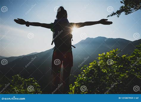 Hiker Hiking on Summer Sunrise Mountain Top Stock Image - Image of enjoy, forest: 121087959