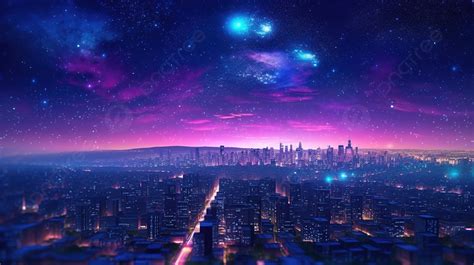 Cityscape Malam Berbintang Bersinar Dengan Warna Neon 3d Render Kota