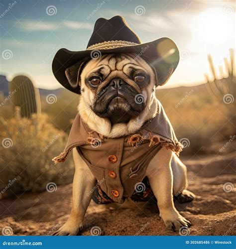 Ai Generated Illustration Of A Cowboy Pug Standing In A Dry Desert