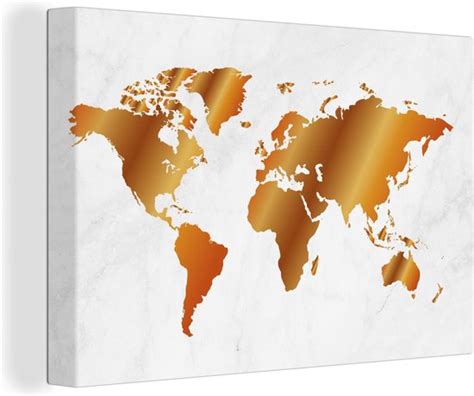 Canvas Wereldkaart 140x90 Wanddecoratie Wereldkaart Marmer Goud