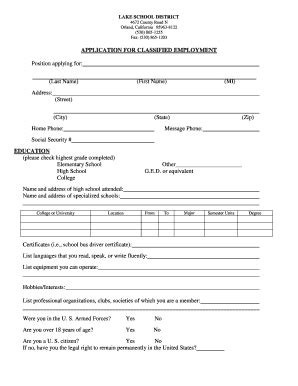 Fillable Online Lakeschool APPLICATION FOR CLASSIFIED EMPLOYMENT